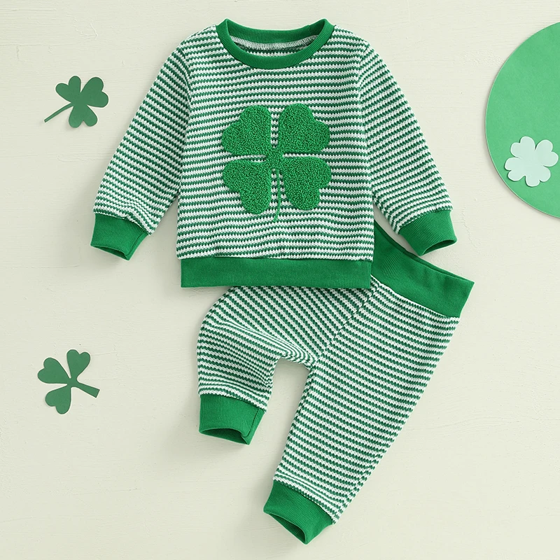 Lioraitiin Toddler Baby Boy St. Patrick's Day Outfit Long Sleeve Shamrock Embroidery Sweatshirt+Stripes Pants Set Spring Clothes