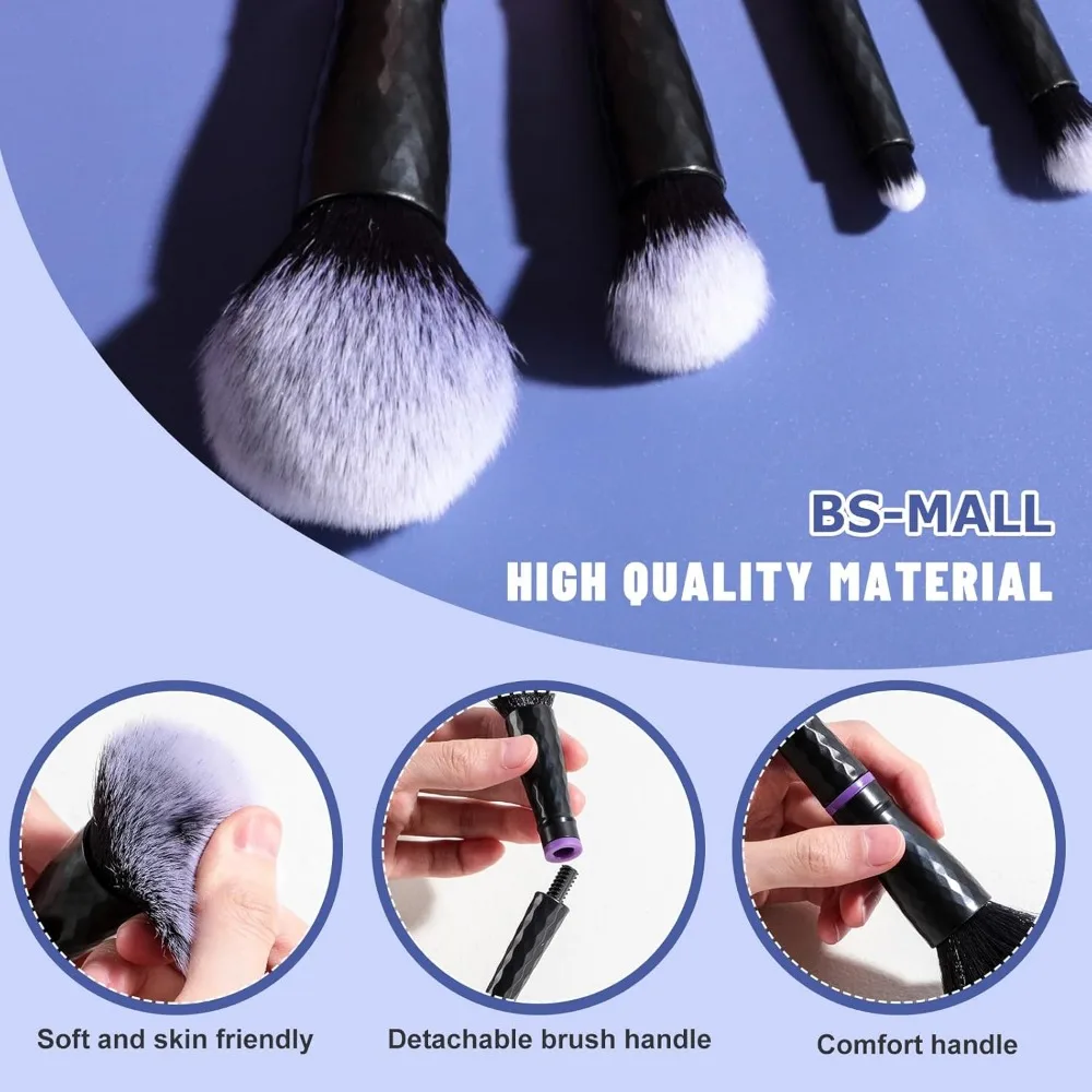 Pincéis de maquiagem para viagem BS-MALL – Conjunto profissional e durável de 16 peças com alças giratórias removíveis, design ecológico, vem com