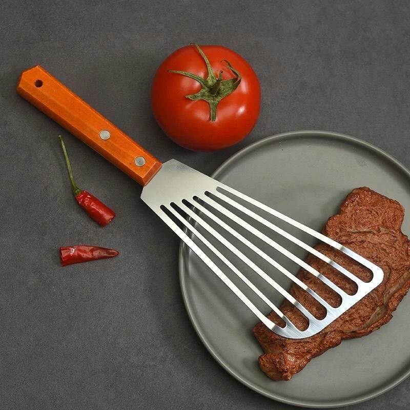 Fish Spatula Stainless Steel with Wooden Handle, Fan-Shaped High Heat Resistant Kitchen Turner for Frying