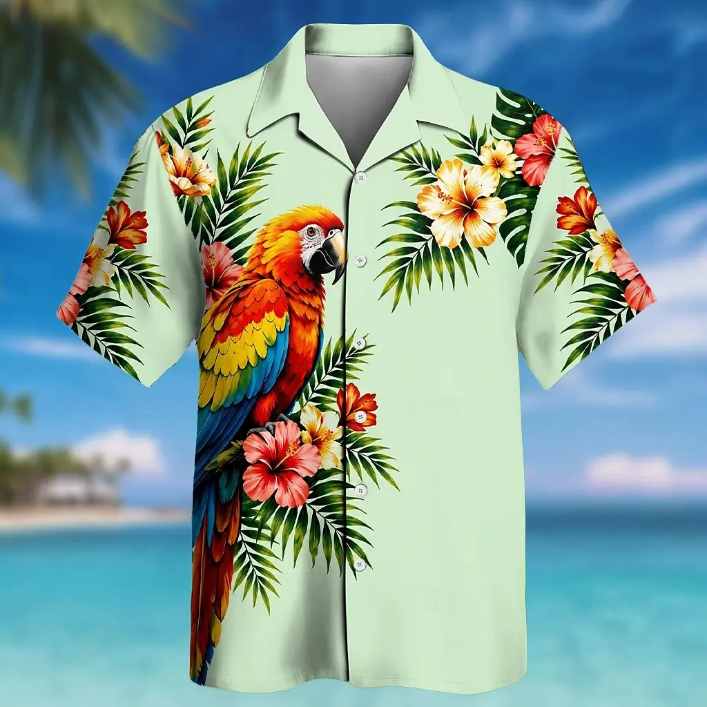 Men's White Tropical Parrot Hibiscus Print Button Down Shirt, Casual Tops For Spring Summer Beachwear & Vacation Occasions