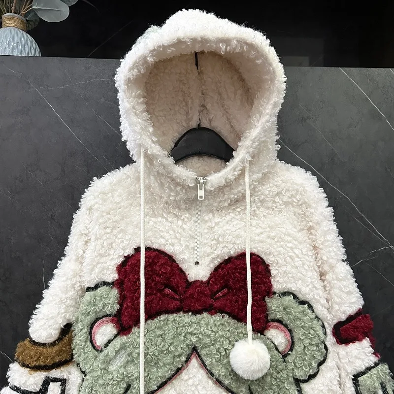 2025 Autumn Winter New Cartoon Little Girl Furry Hooded Sweatshirt Women's Loose Casual Sweet Age-Reducing Versatile Zipper Top