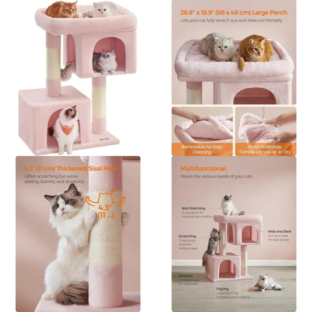 

Очень большая кондоминированная башня для кошек XL для кошек с высотой до 44 фунтов, 39,8 л, с большим окунем, 2 пещеры, когтеточками для кошачьих игр и