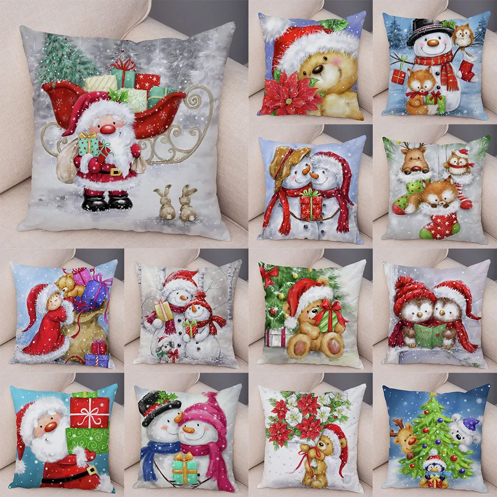 

Merry Christmas Cute Cartoon Santa Claus Snowman Print Cushion Cover Living Room Sofa Decorative Ornaments Home Decoration