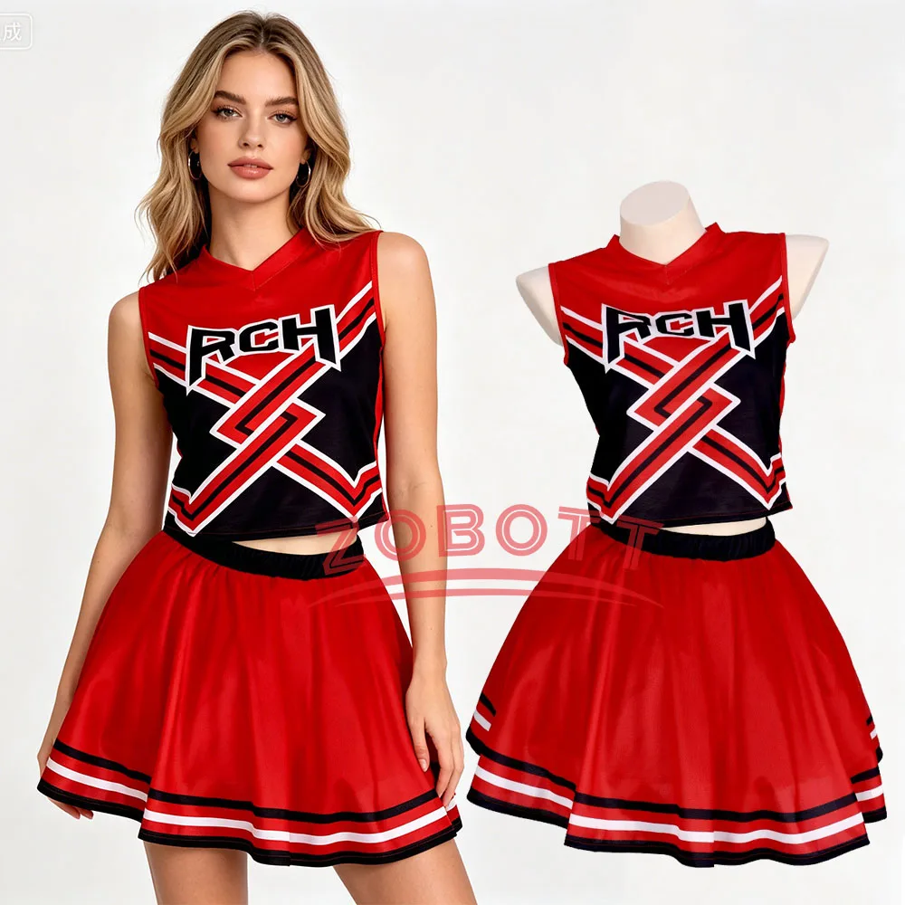 Takerlama RCH Bedruckte Cheerleader-Cosplay-Uniform „Bring it On“ Cosplay Damen-Kostüm, Tank-Top, Minirock, Halloween-Kostüm
