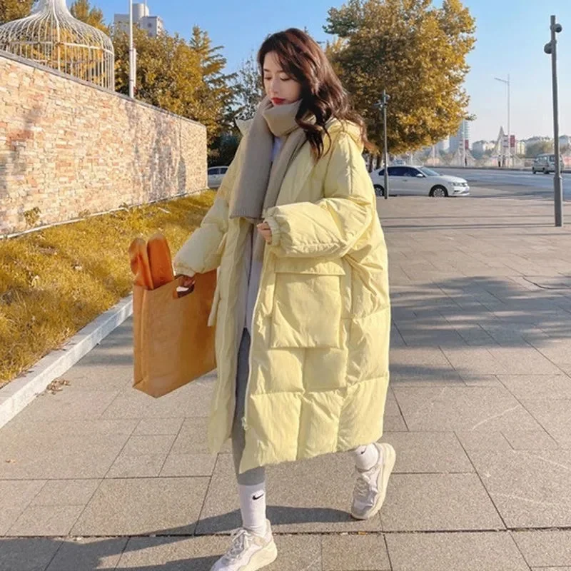 Cream Yellow Down Cotton Jacket For Women Mid Length 2023 Winter New Loose Fitting Cotton Coat With Thickened Warm Jacket Trend