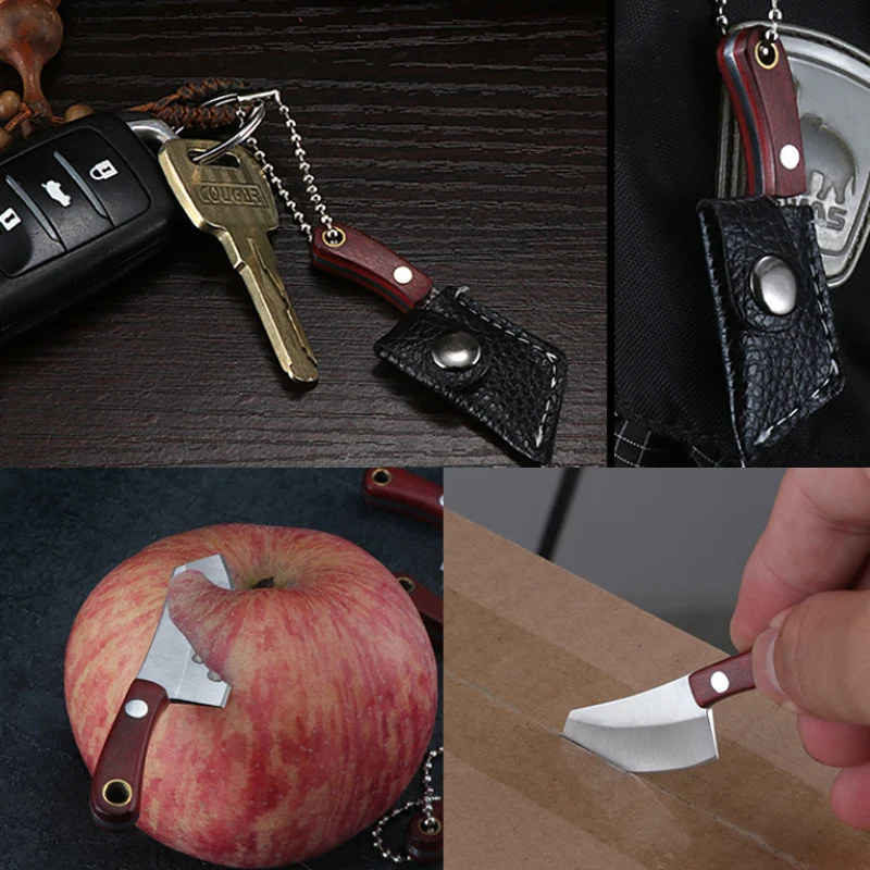 Portable Keychain Pocket Knife Stainless Steel Camping Small Mini EDC Knife Peeler Fixed Blade Wood Handle Kitchen Multi Knives