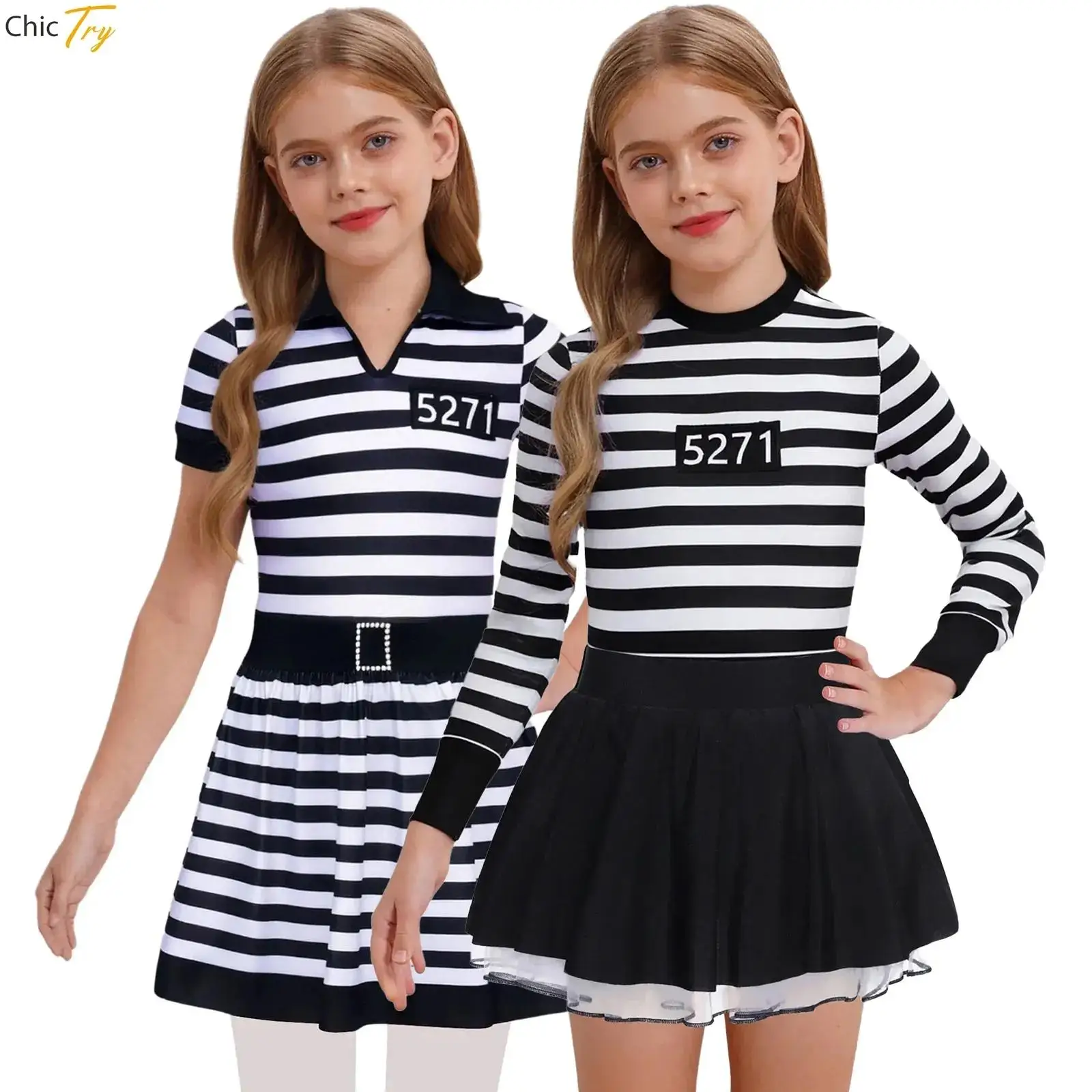 

Детское платье заключенного для девочек 5271, костюм для косплея на Хэллоуин, юбка с рюшами и длинными рукавами с вырезом сзади, балетное платье-пачка, исходящая ролевая игра