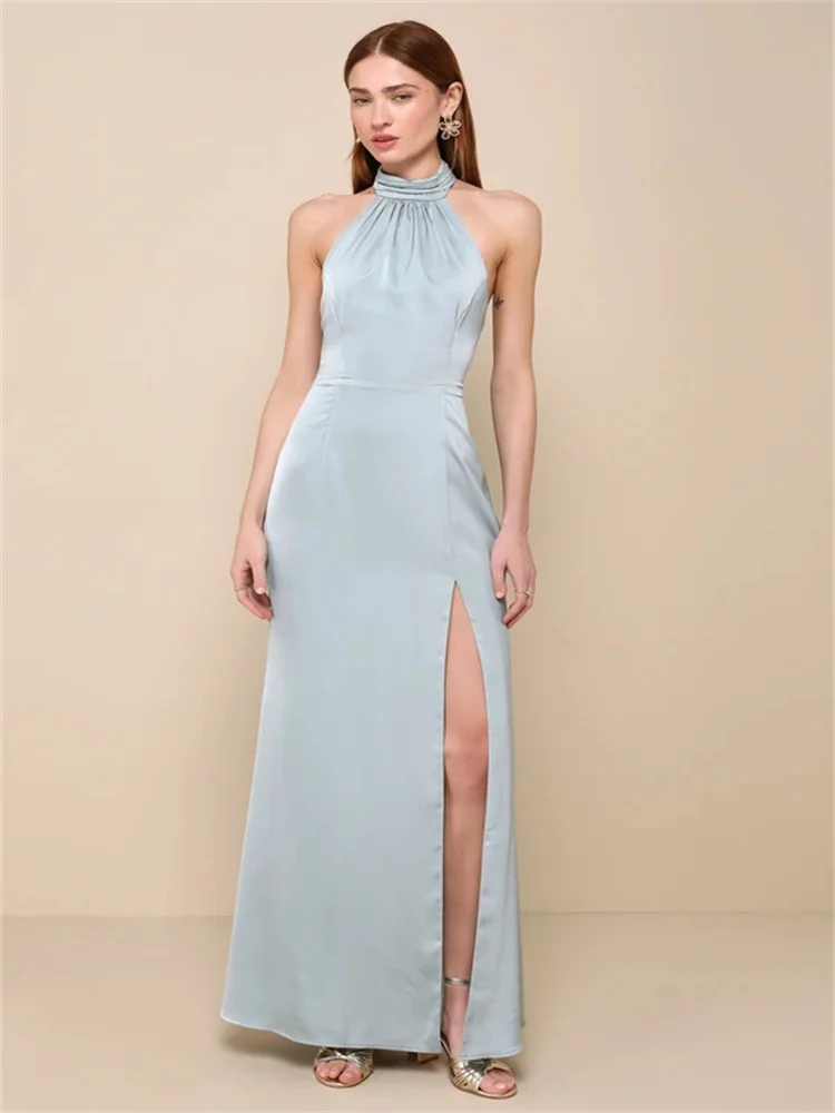 

Customized Satin Sleeveless Halter Dress High Pleated Halter Neck Long Belt Drape at Back Side Slit Mermaid Evening Gown