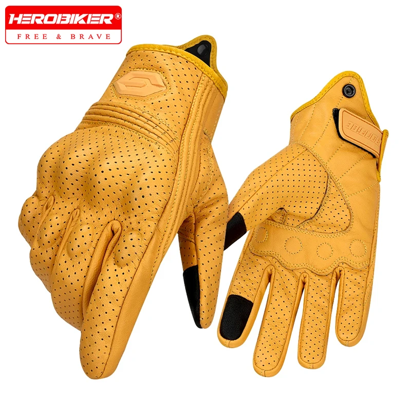 

​Summer Breathable Motorcycle Gloves Vintage Leather Biker Gloves Perforated Ventilation Design Motorbike Ride Gloves Non-slip