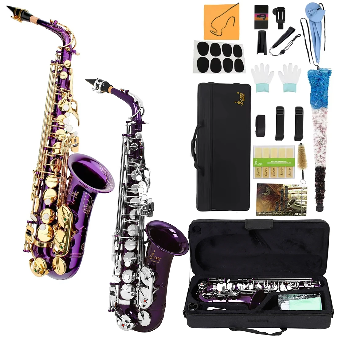 Purple Alto Saxophone with E-tone Brass Tube Body Carved with White Shell Button Saxophone Complete Set for Students/Beginners