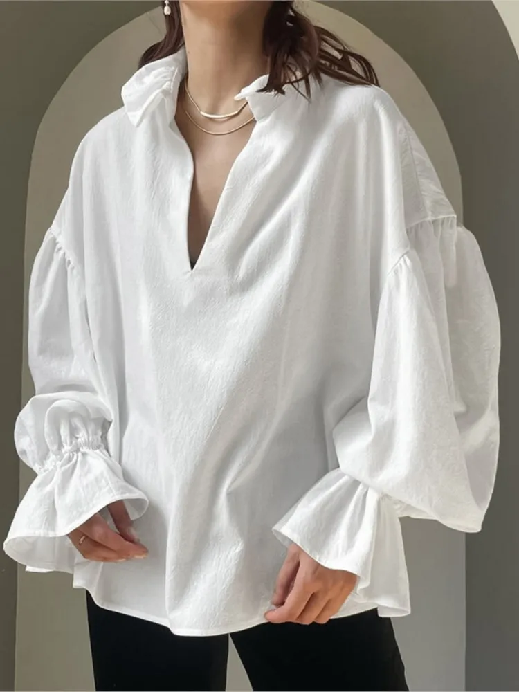 

Women's Clothing Loose V-neck Long Sleeve Shirts Solid Color All-match Tops Casual Temperament Simple Style Commuting Fashion