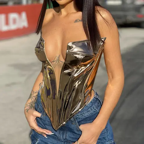 Y2K Women Shiny Gold Silver Corsets Bustiers Sexy Crown Girdle Slimming Waist Low-cut Corset Tops Curve Shaper Modeling Bustier