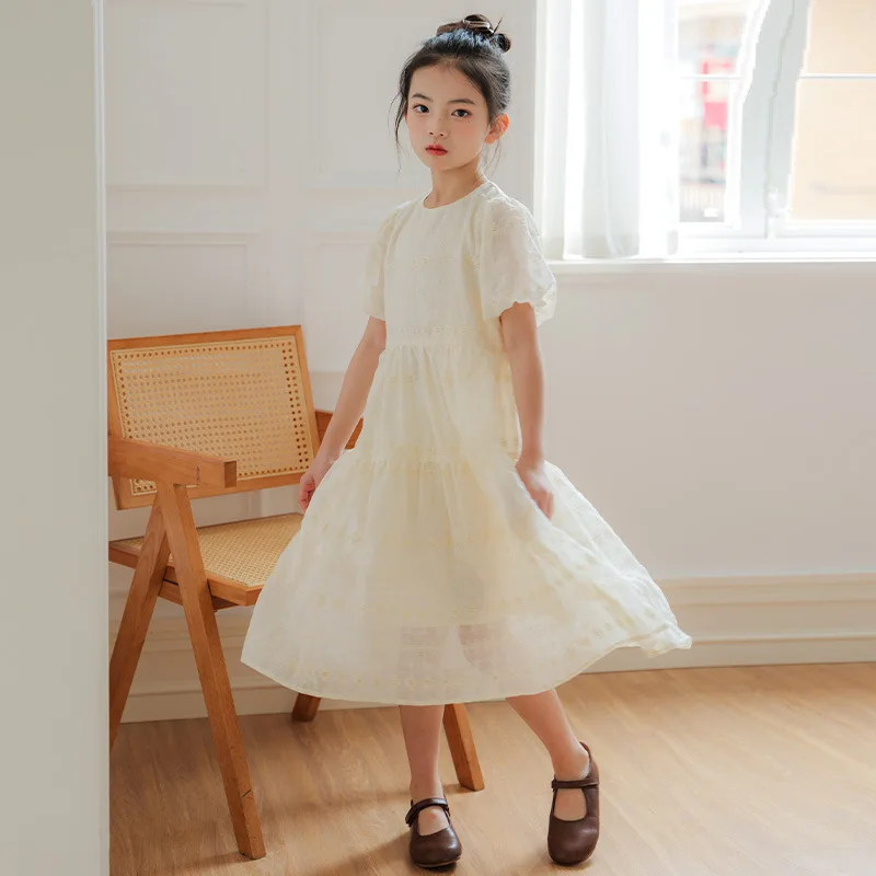 

Girls Princess Dress Summer Teenagers Kids Embroidery Hollow Sweet Puff Sleeve Birthday Dress Elegant Wedding Gowns 12 13 Y