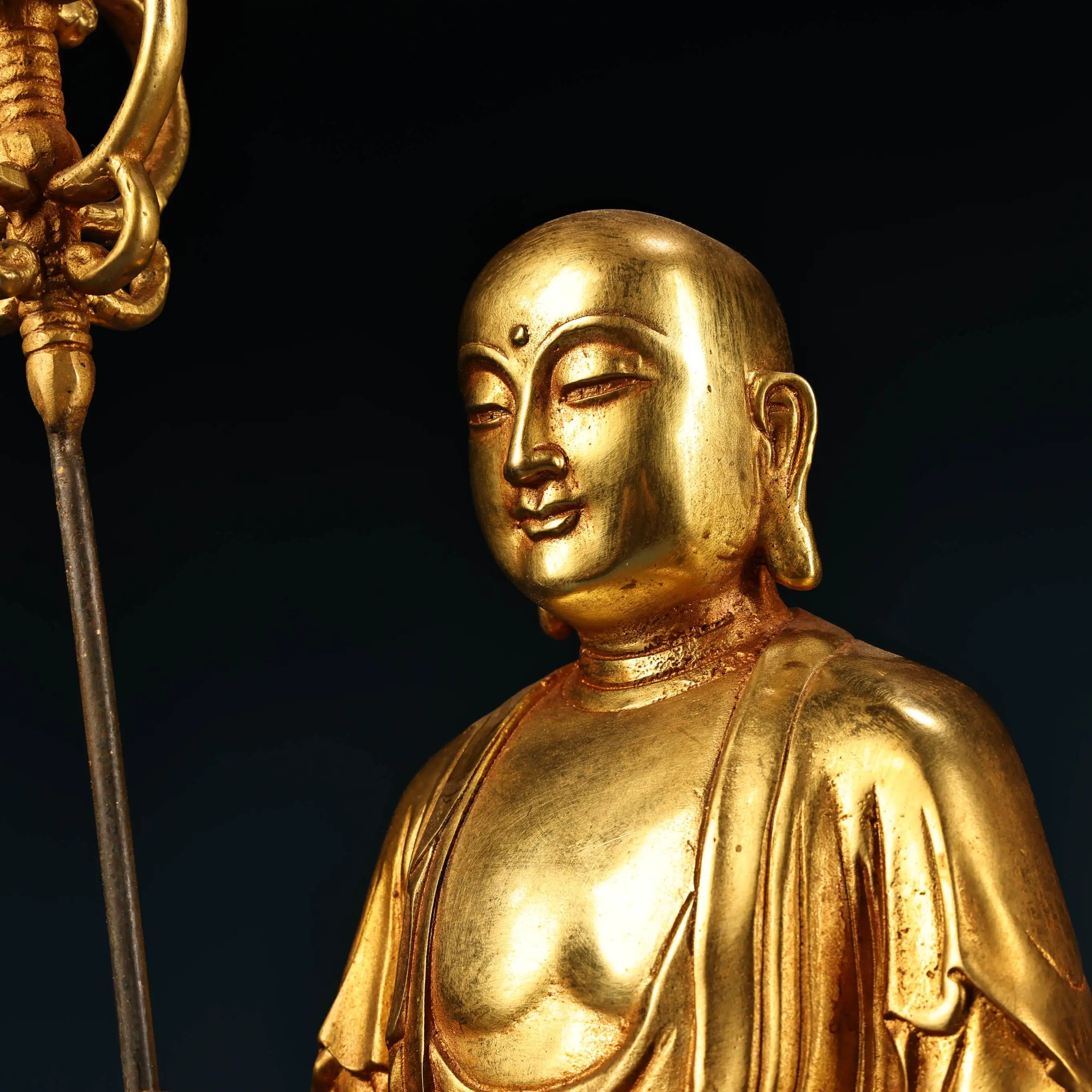 

18"Old Bronze Gilded Painted High Relief Amitabha Ksitigarbha Bodhisattva Standing Buddha Double Lotus Terrace Worship Hall