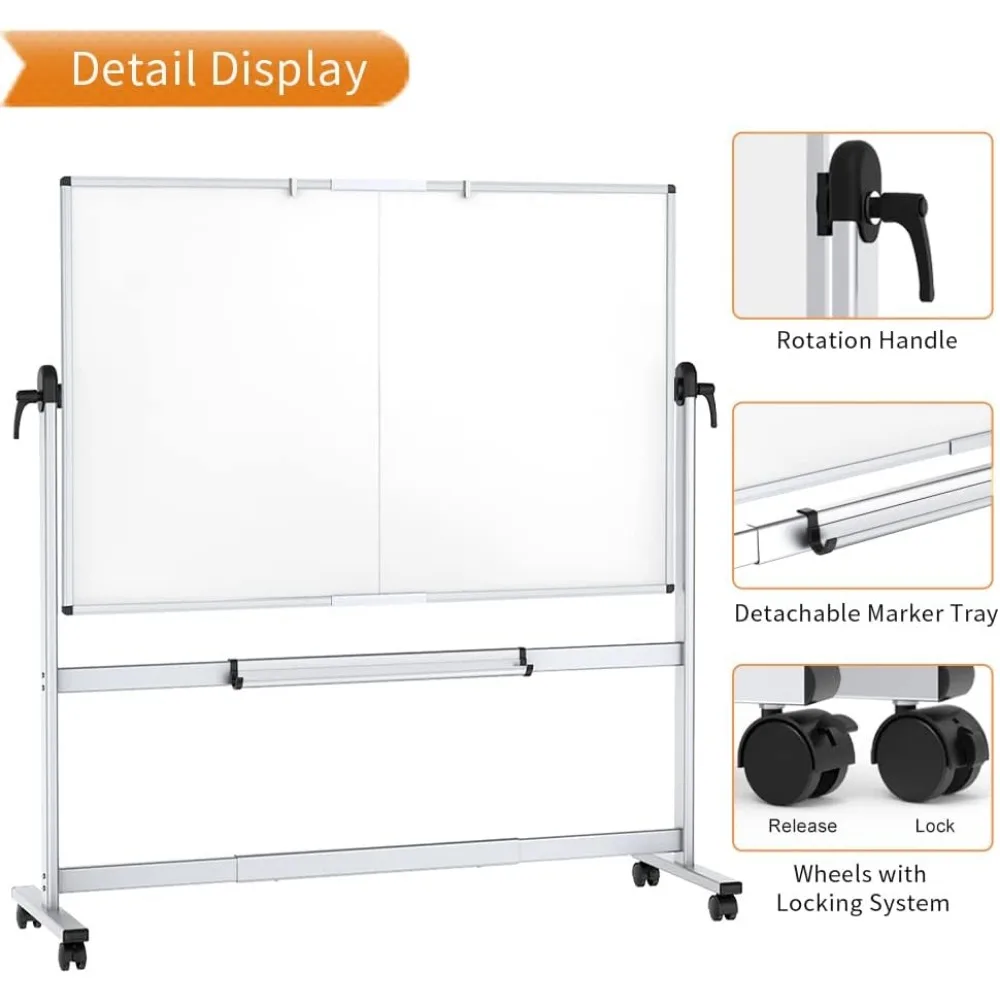 Quadro branco móvel dupla face, quadro branco de laminação seca nas rodas, quadro e suporte de alumínio, 72x48 polegadas