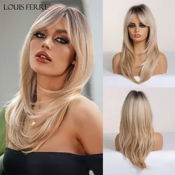 LOUIS FERRE Synthetic Wigs Long Wavy Ombre Black Brown Blonde Ash Wigs with Bangs for Black Women Afro Heat Resistant False Hair