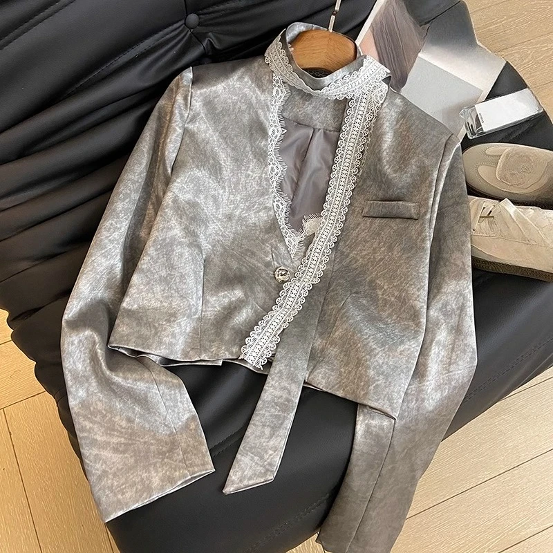 

Spring Summer Women Fashion Elegant Grery White Lace Patchwork Coat Jacket , Woman French Style Casual V Neck Coats