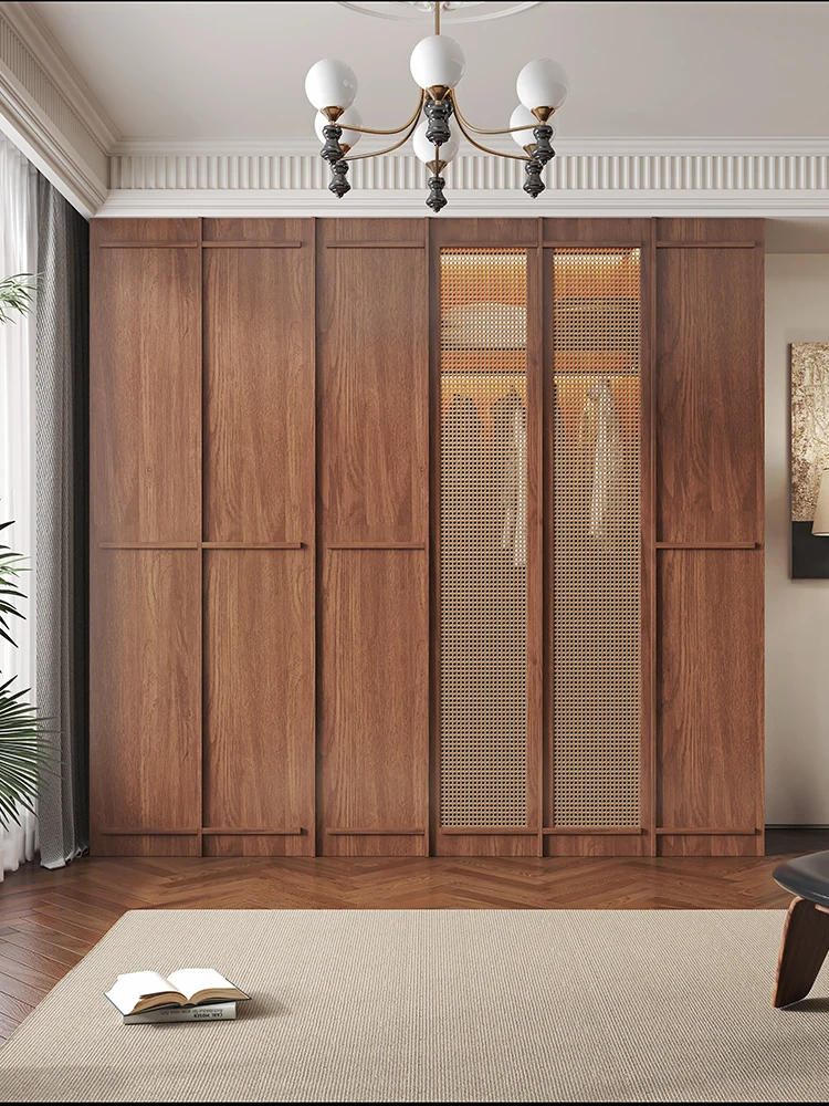 

High-end retro walnut wardrobe home bedroom medieval rattan weaving overall bone line finished wardrobe to the top customization