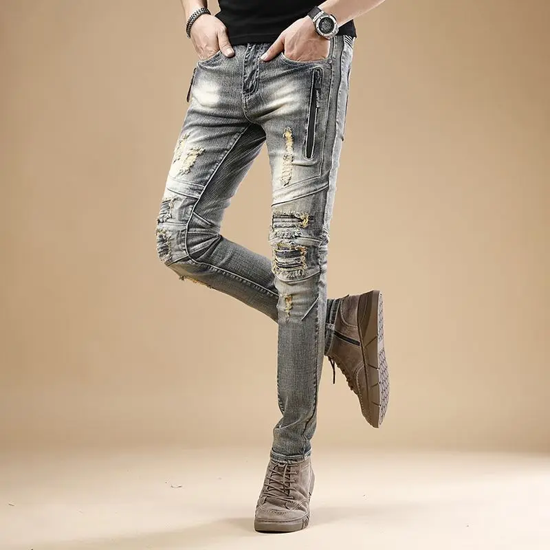 Jeans Sepeda Motor untuk Celana Panjang Pria Bertumpuk Klasik Lembut Retro Buggy Dicuci Tren 2025 Y2k Celana Koboi Pria Meruncing Katun Antik