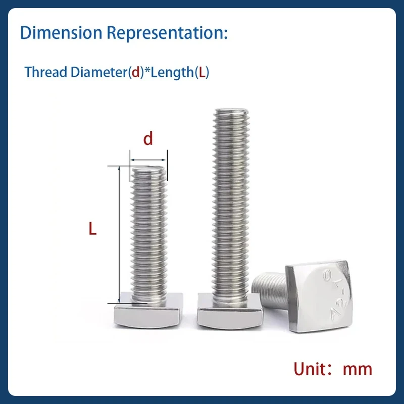 M5-M12 304 Stainless Steel Square Head Bolt / Full Thread Square Machine Screws for Machinery & Guardrail Fixing