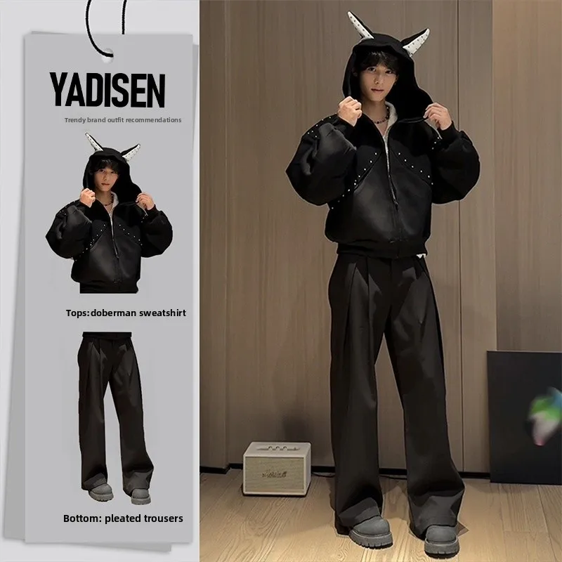 

American Style Dobie Dog Ear Hoodie Men's Autumn Outfit Two-Piece Set Nail Splicing Short Jacket Fashionable Teenage Wear