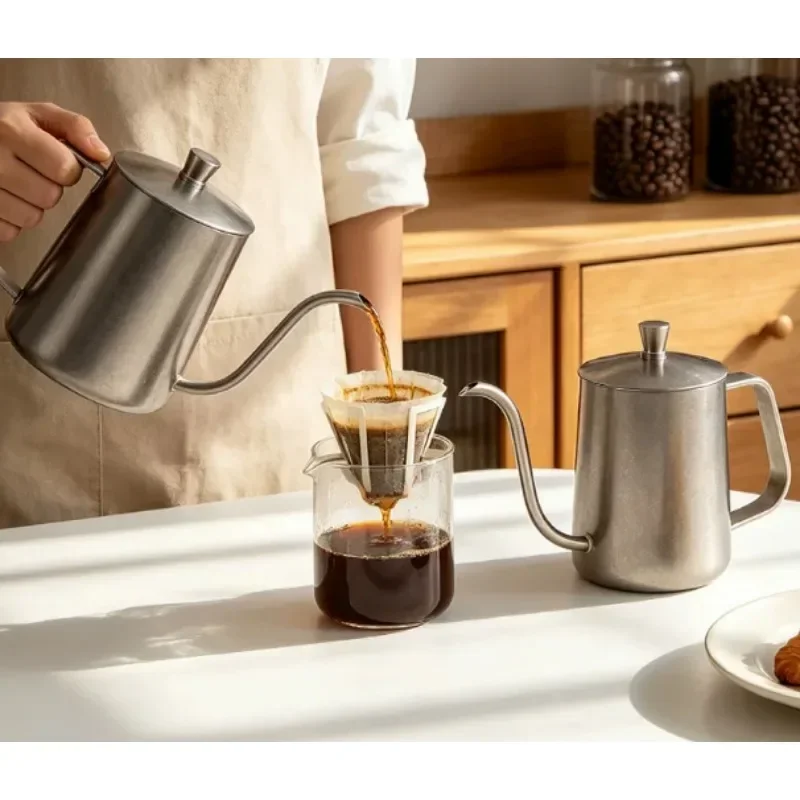 Vintage Style 304 Stainless Steel Hand Drip Coffee Kettle, 600ML Gooseneck Pour Over Pot with Scale Mark