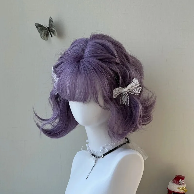 Purple Synthetic Wigs Short Wavy Bob Wig for Women Heat Resistant Cosplay Daily Use Natural Hair with Bangs Girl Lolita Wig