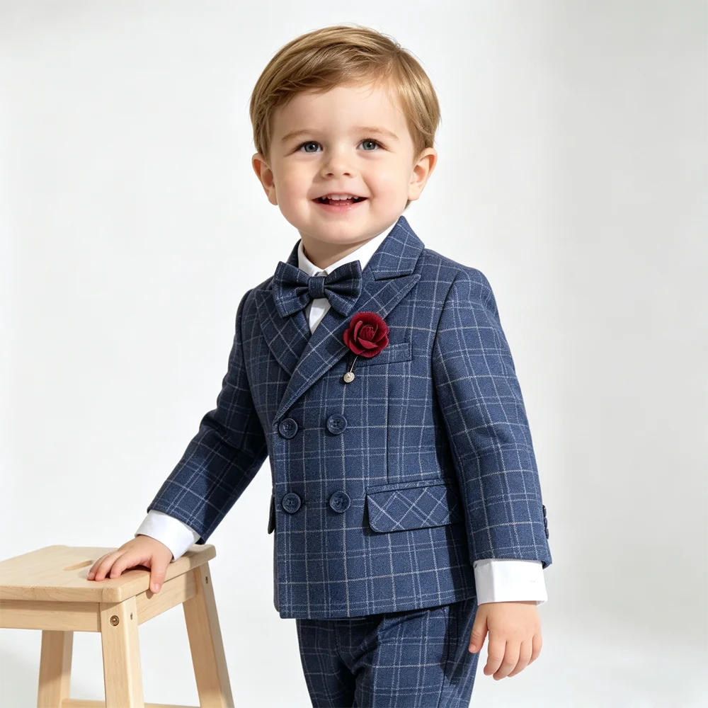 Boys Plaid Suit Set 4Pcs Kids Formal Outfit Blazer Vest Pants Bow Tie Wedding Birthday Party Gentleman Costume for Kids Boys