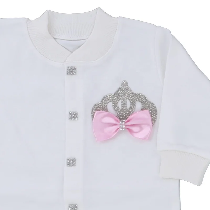 Newborn Baby Footed Romper 0-9 Months 4Pcs Off White Light Pink Silver Rhinestone Crown Bow Long Sleeve Jumpsuit Royal Boutique