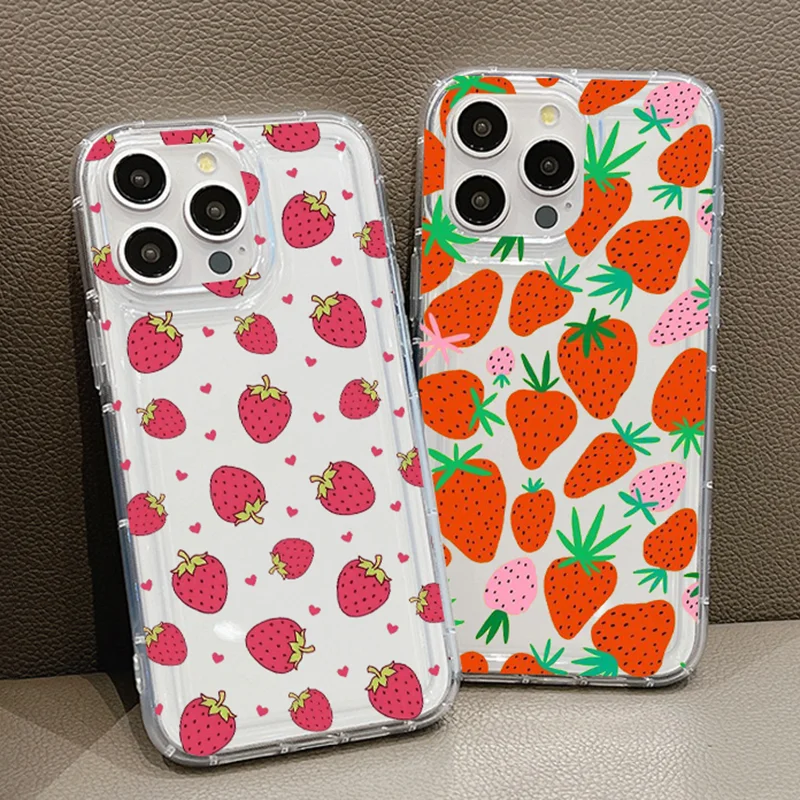 

Cute Strawberry Design Shockproof Soft Clear Phone Case For iPhone 16 15 14 13 12 11 Pro Max Plus 17 Case Anti Drop Airbag Cover