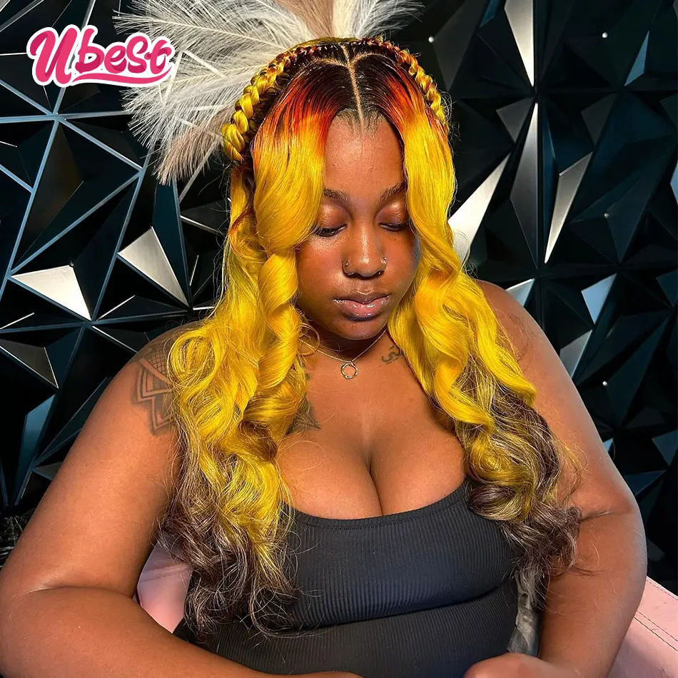 Ombre Yellow 613 Colored 13X6 Body Wave Transparent Lace Front Wigs 100％ Human Hair 180 Density Brazilian Hair Remy Hair Wigs