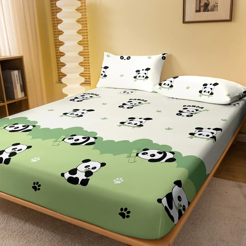 

1 Cartoon Cute Plant Flower panda printed matte Fitted Sheet, bedroom printed bed cover, bedding (excluding pillowcases)