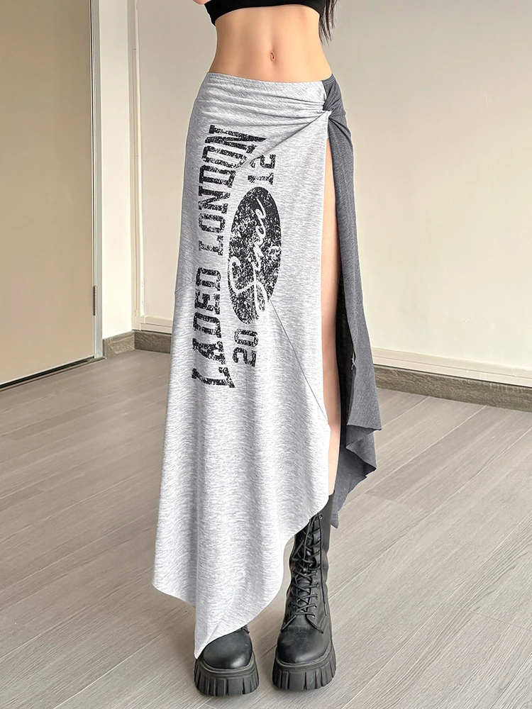 

WEIRD PUSS винтажная асимметричная юбка с разрезом и буквенным принтом, женский пояс из искусственного меха с низкой талией, летняя длинная юбка из смеси полиэстера
