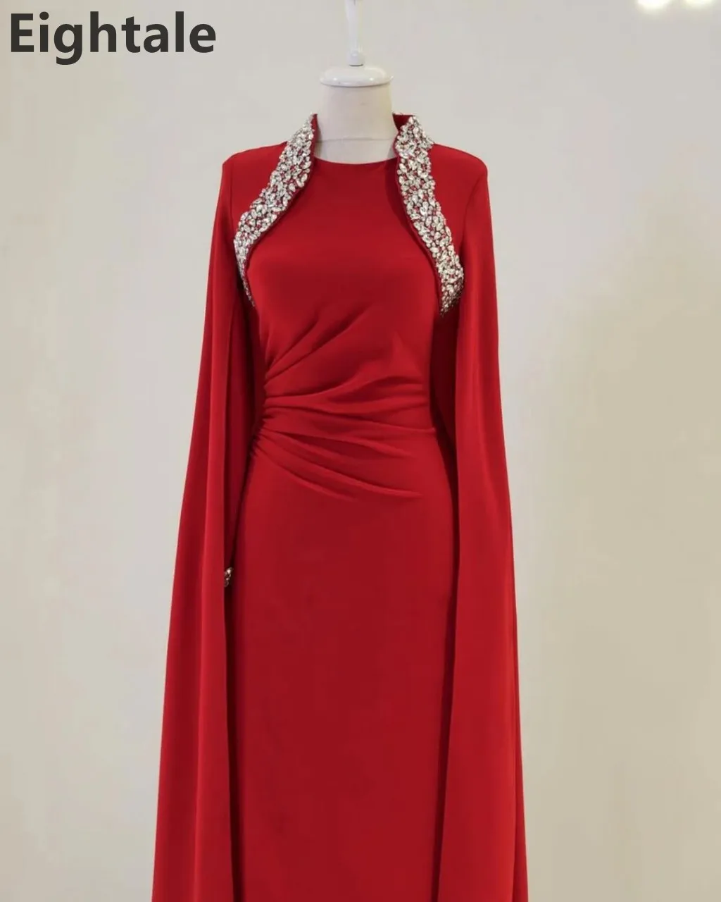 Eightale 2025 Abito da sera rosso con maniche a mantella Abito da ballo con perline Abito da festa arabo saudita personalizzato
