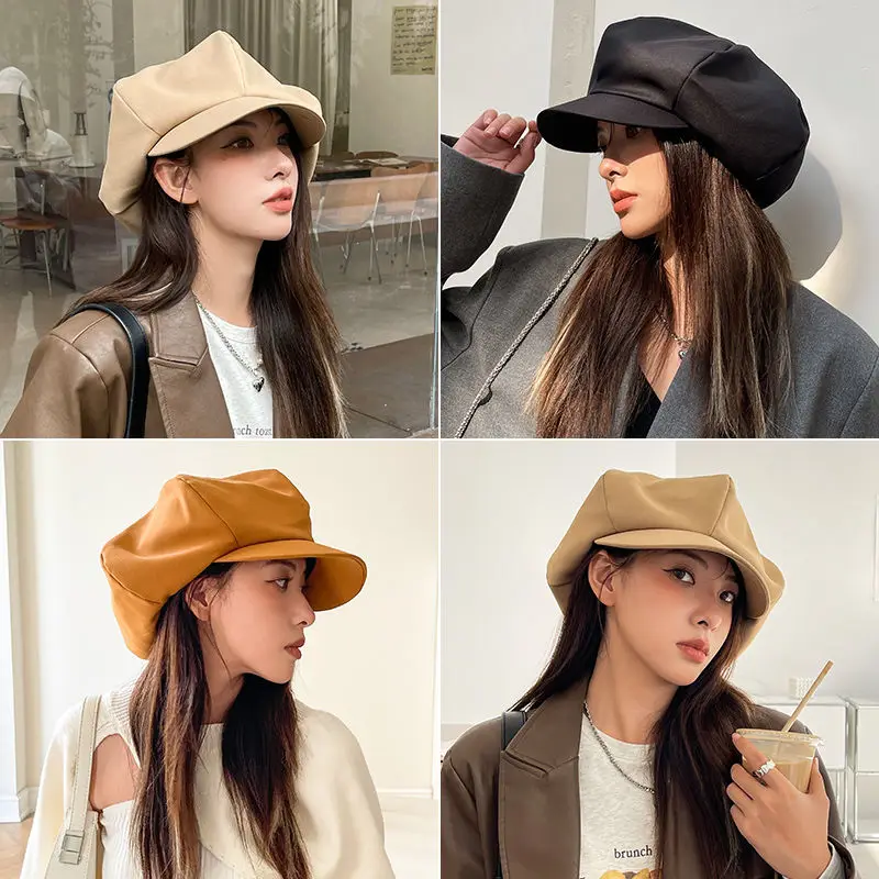 Y2K Oversized Fashionable Beret Women INS European American Retro Wild Cowboy Stitching PU Street Cloud Hat Gorras