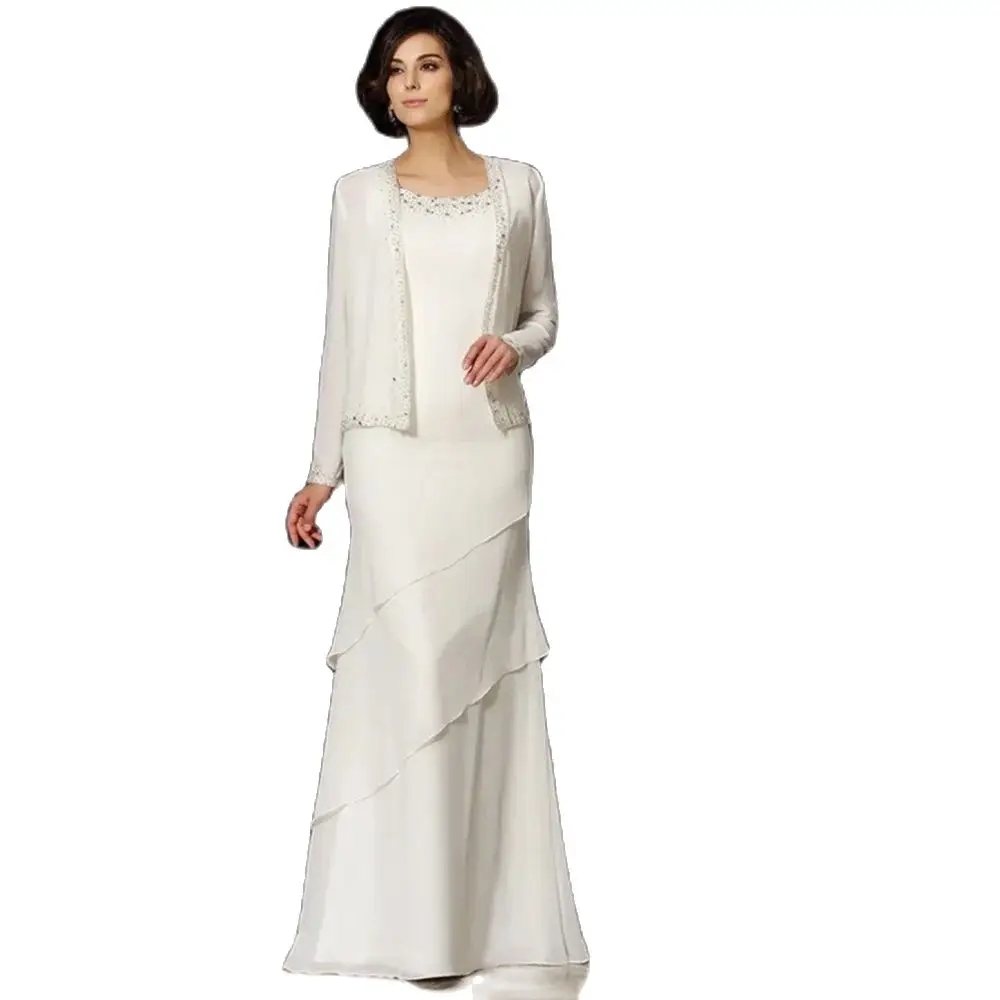 Elegante ultimo avorio due pezzi Chiffon madre della sposa abiti con cappotto gioiello collo in rilievo abiti da festa di nozze gonna di livello