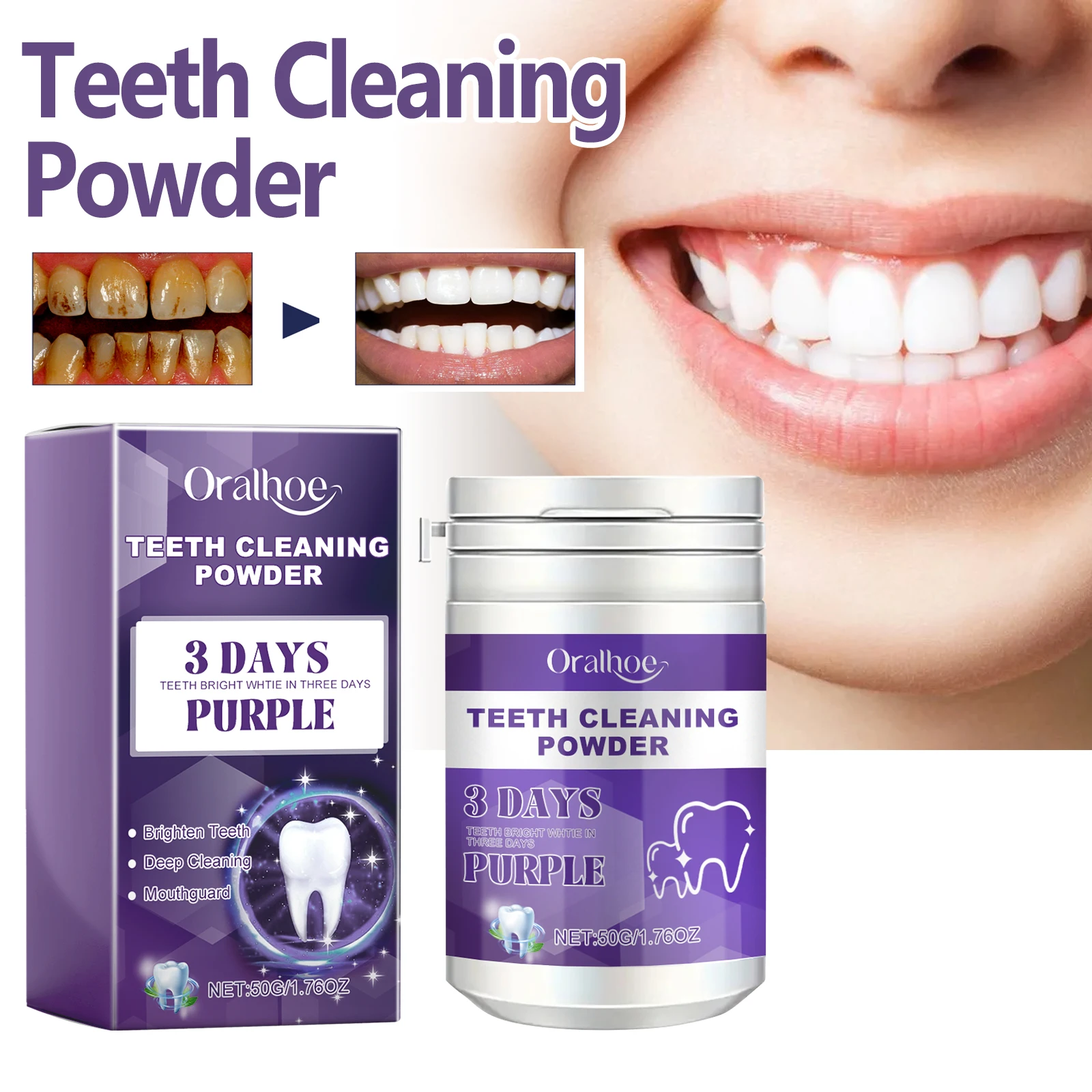 

Purple Tooth Cleaning Powder Freshens Breath, Removes Plaque and Tartar, Whitens Teeth, Oral Care