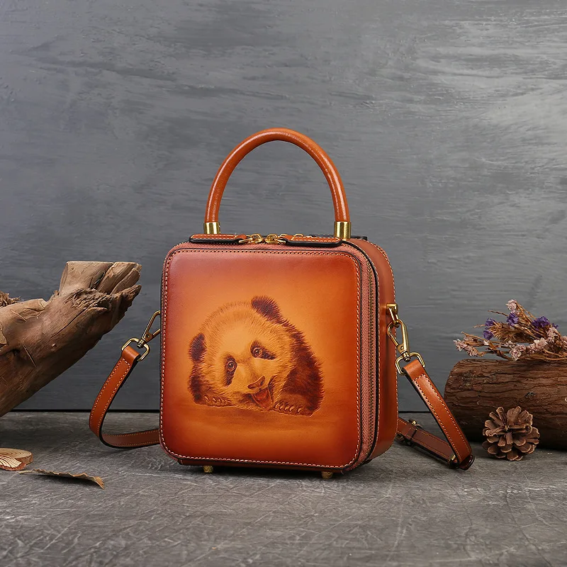 

Oblique satchel female panda pyrography leather handbag joker shoulder the wind restoring ancient ways but small package