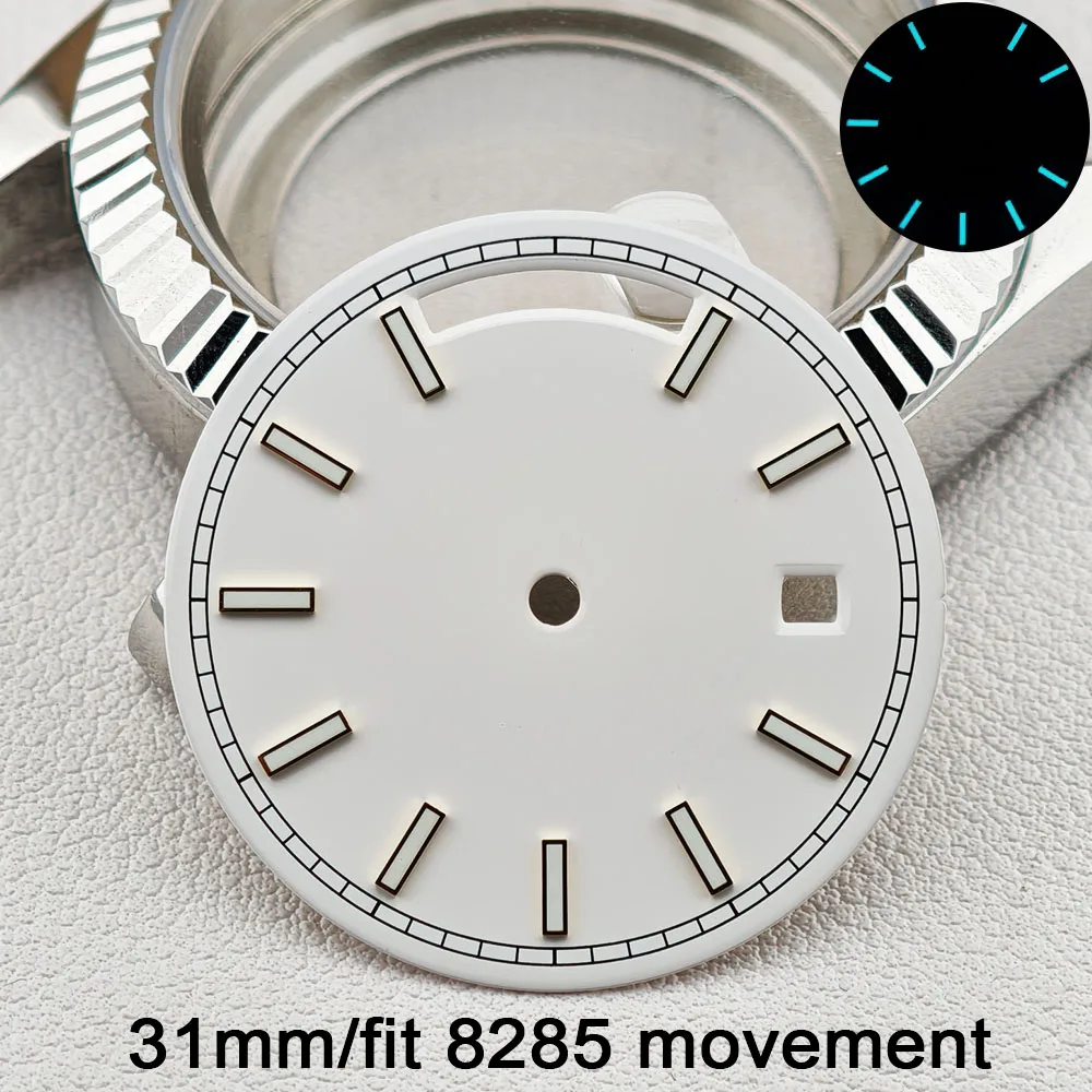 31mm ダイヤル ミヨタ 8285 ムーブメントに適しています ダイヤルとポインターは上向きで、デュアルカレンダーダイヤル ブルーグリーン夜光時計アクセサリー