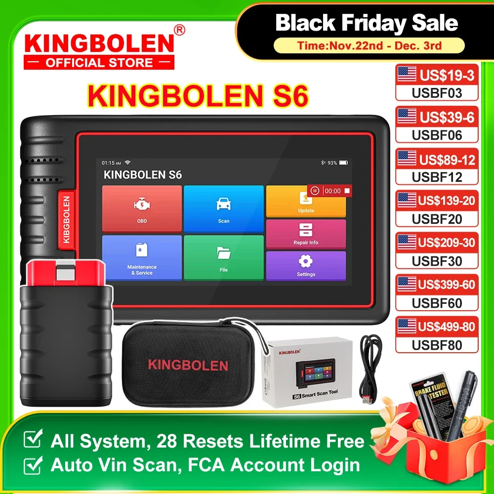 

KINGBOLEN S6 Deutscher OBD-Automobilscanner, Bluetooth, alle System-Autodiagnosetools, 28 Resets, IMMO/BMS/TPMS/ABS-Blutung, leb