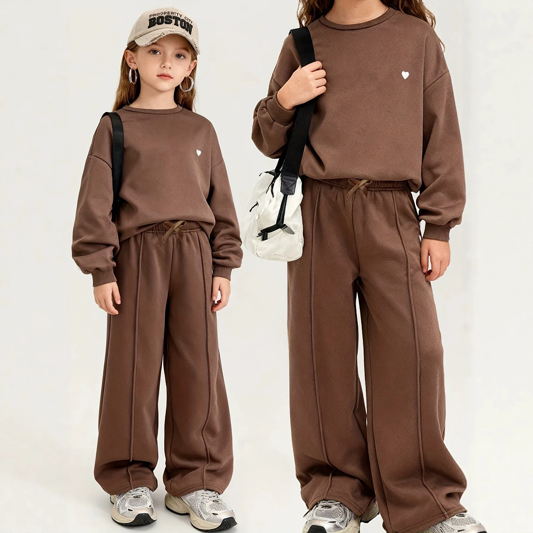 INS Children Girl 2PCS Clothes Set Junior Girls Long Sleeve Round Collar Top+wide Leg Pants Outfits Young Teens Girl Sports Pant