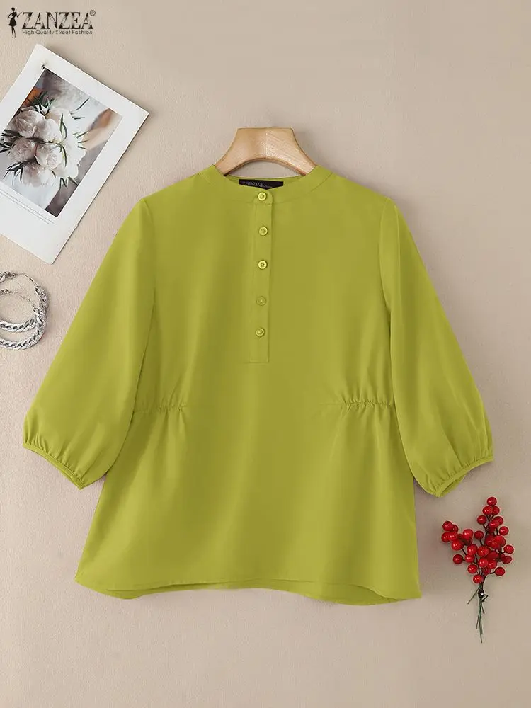 ZANZEA Casual Chic Gathered Detail Blouses Women Spring 2026 O-Neck Half-Button 3/4 Puff Sleeve Solid Color Tops Woman Clothes