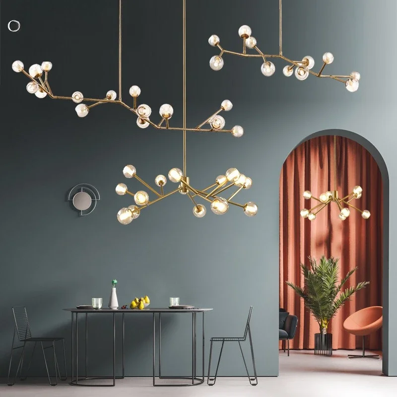 Lâmpada molecular minimalista moderna, designer de sala de estar, sala de jantar, balcão de bar, quarto, todo em cobre, lustre de vidro