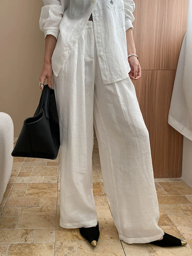 Spring and Autumn Women\'s Casual Solid Color High Waist Loose Wide Leg Pants