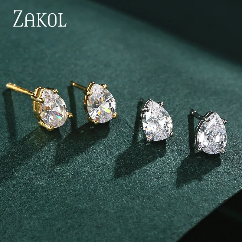 ZAKOL Fashion Water Drop Zircon Stud Earrings White Color Statement Earring for Woman Girls Jewelry Accessories Gift FSEP2546