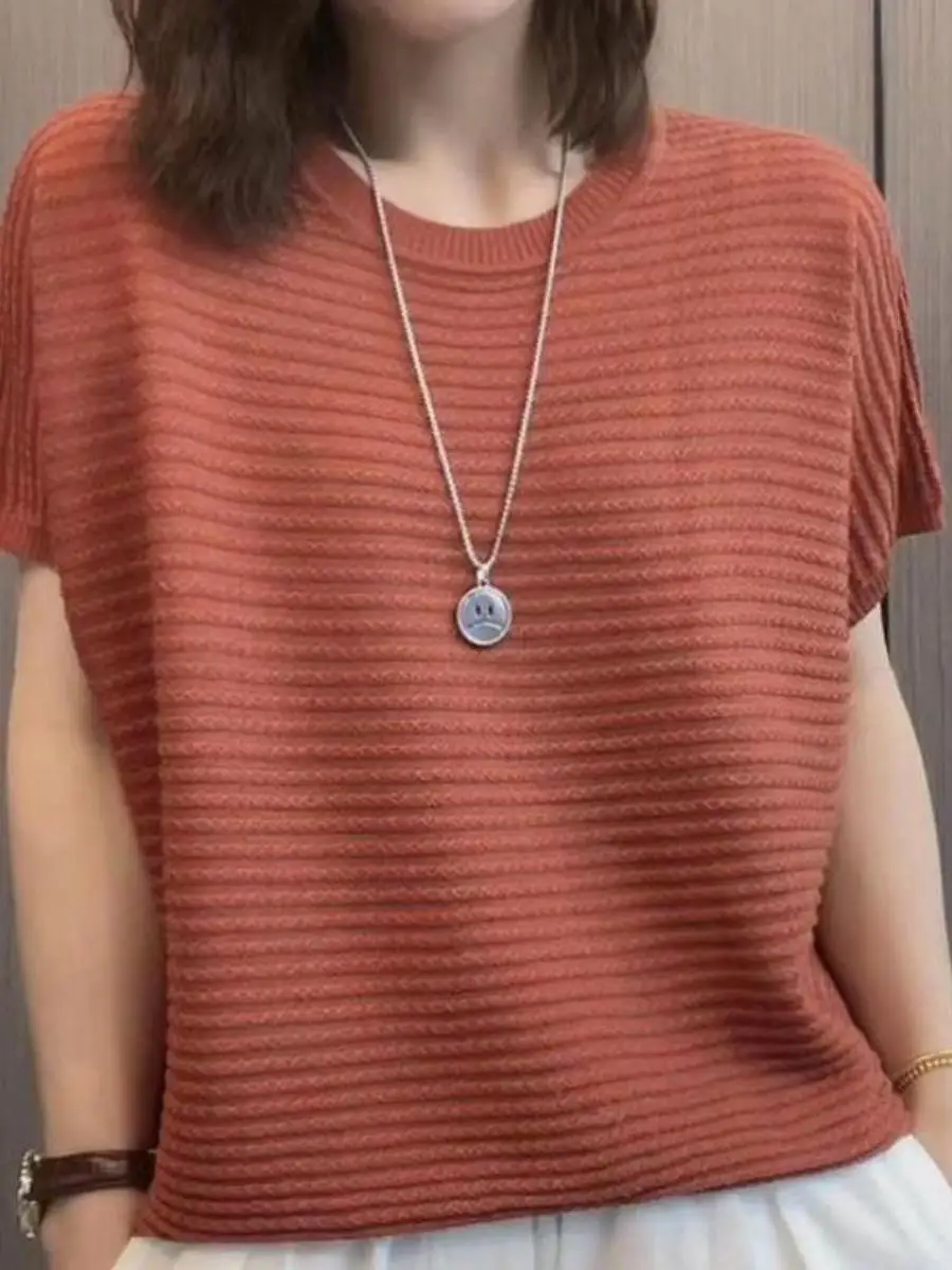 ゆったりとしたニット半袖tシャツ-中年母親向け-夏服-お腹カバー-痩身効果のある中空デザイン-多用途耳カバー