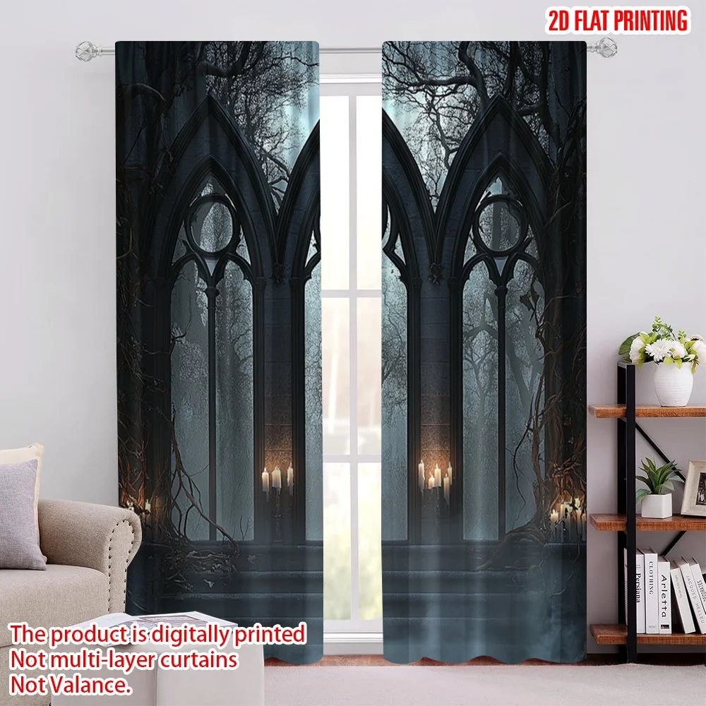 2Pcs 2D flat printingHorror House Curtain Halloween Historical Gate Gothic Curtain Candles View For Bedroom Living Room And