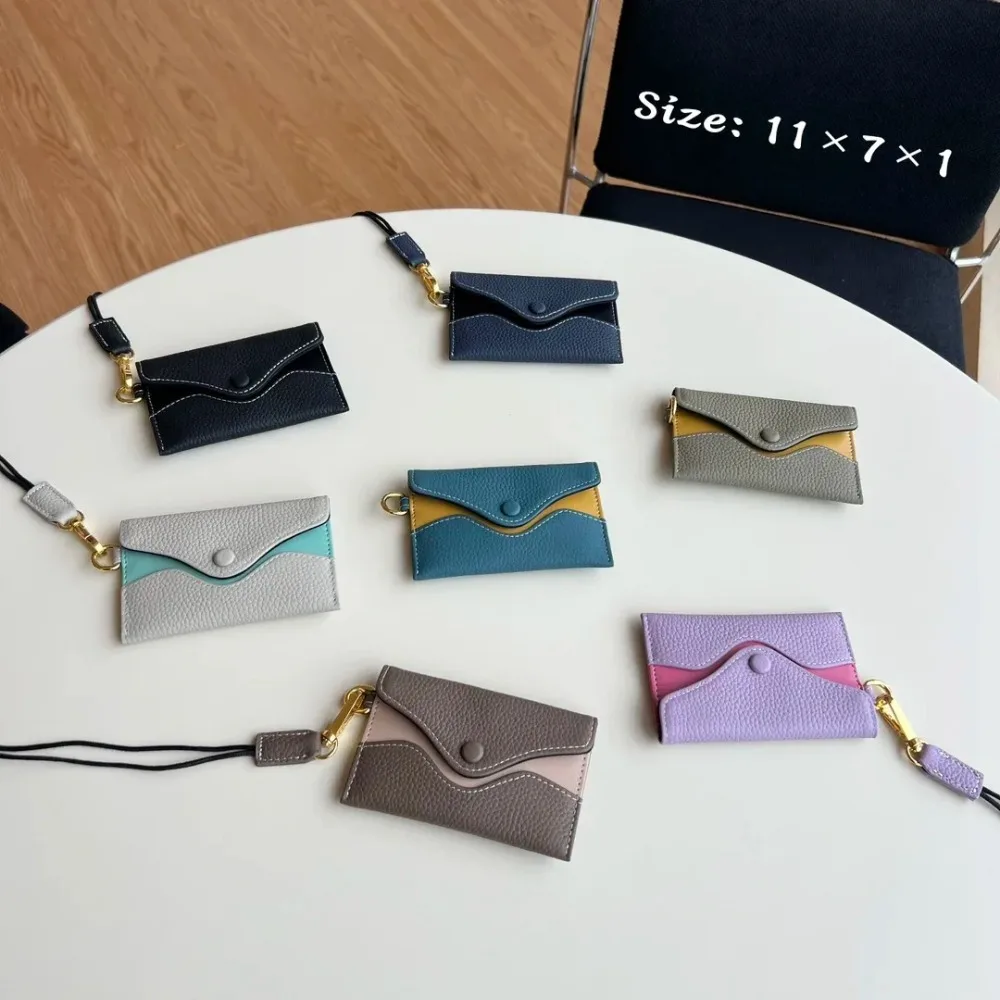 Luxury Wallet For Women Cowhide Card  With Strap Envelope Colorful Coin Purse Woman Casual Card Bag Fashion Card Holder Gift
