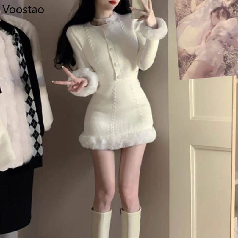 White Sweet Knitted Mini Skirt Set Women Korean Fashion Plush Sweater 2 Piece Sets Female Vintage Elegant Slim Skirt Suit Autumn