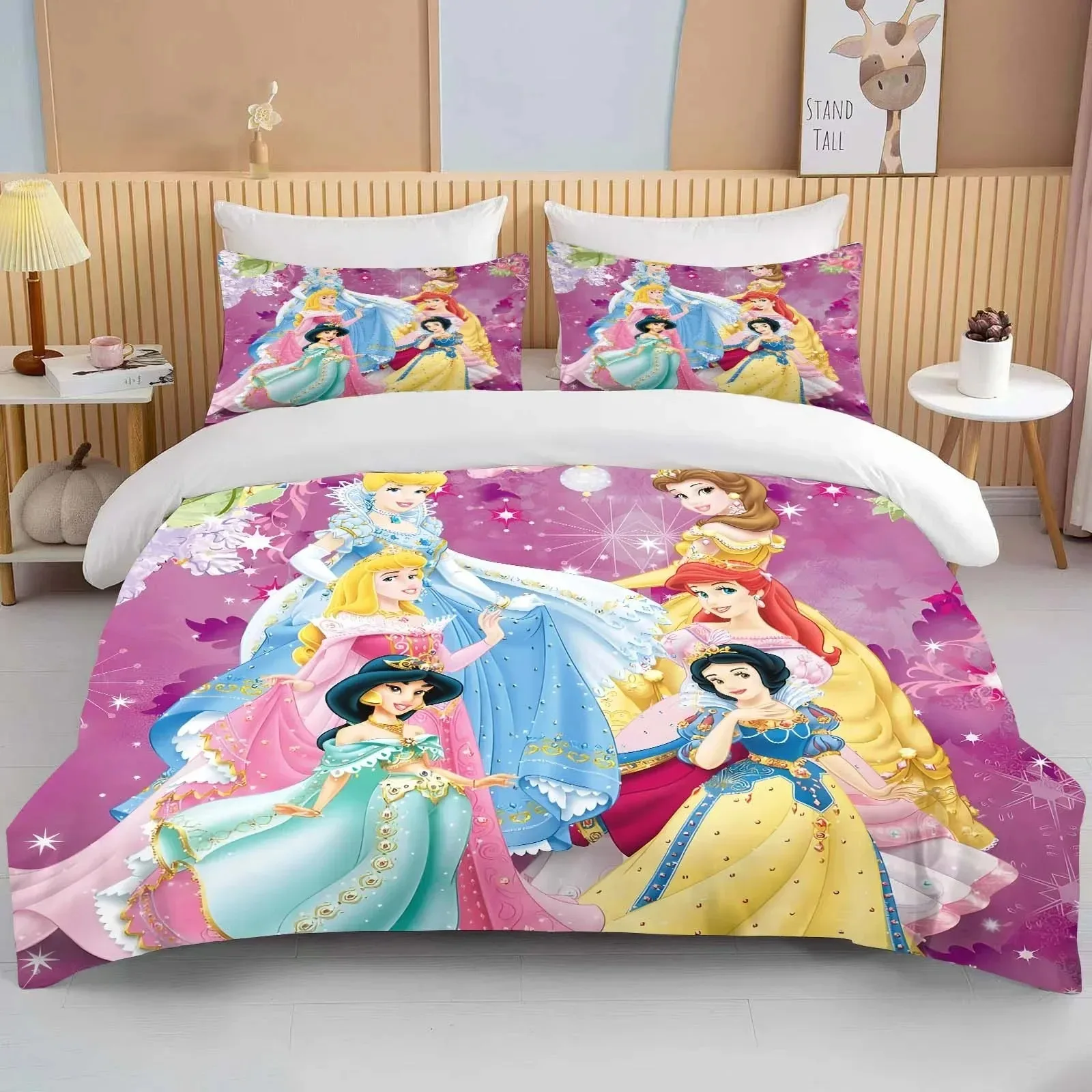 Disney Princess Snow White Bedding Set,Cinderella Ella Bed Cover,Ariel& Aurora Bed Cover,3D Children Rapunzel Bedding Set